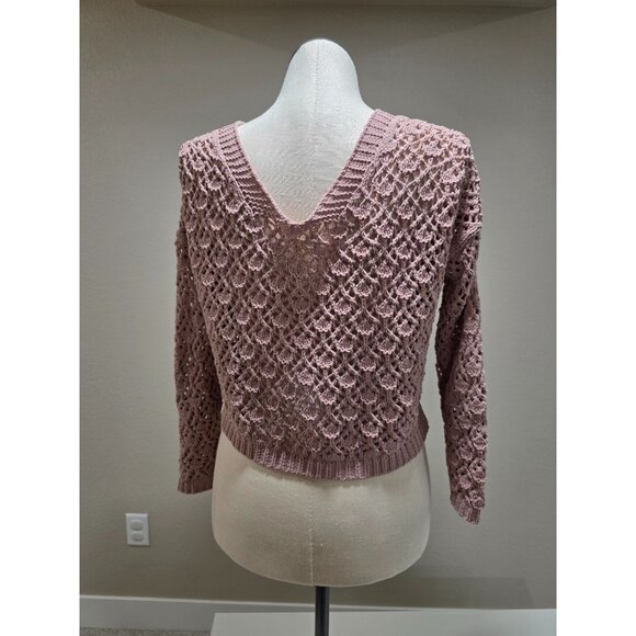 Crochet Knit Button-Up Cardigan Sweater In Mauve Pink With Long Sleeves & V-Neck - Picture 4 of 8